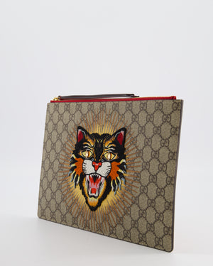 Gucci Black & Beige GG Supreme Canvas and Leather Angry Cat Embroidered Pouch