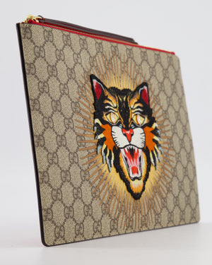 Gucci Black & Beige GG Supreme Canvas and Leather Angry Cat Embroidered Pouch