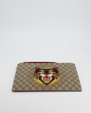 Gucci Black & Beige GG Supreme Canvas and Leather Angry Cat Embroidered Pouch