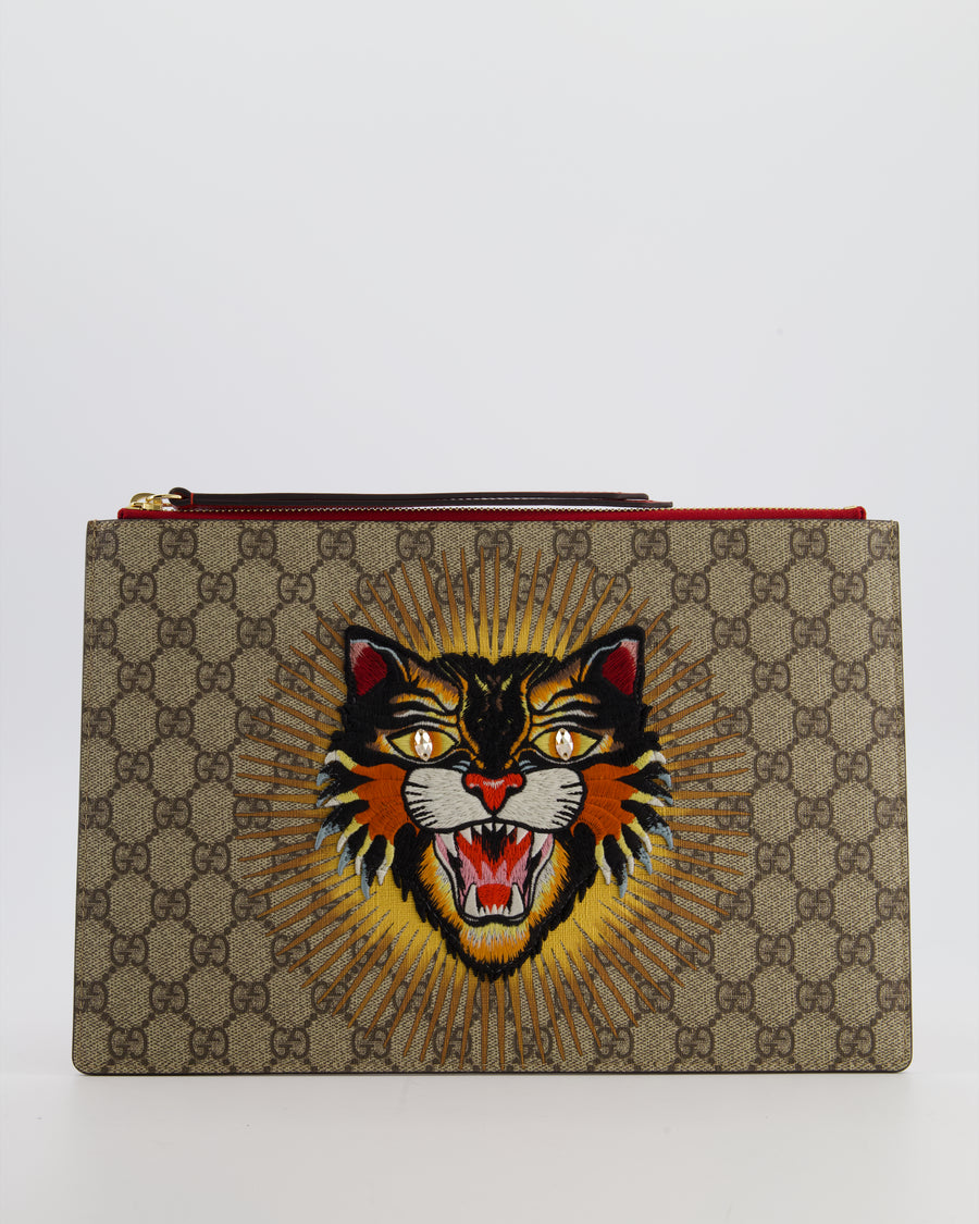 Gucci Black & Beige GG Supreme Canvas and Leather Angry Cat Embroidered Pouch