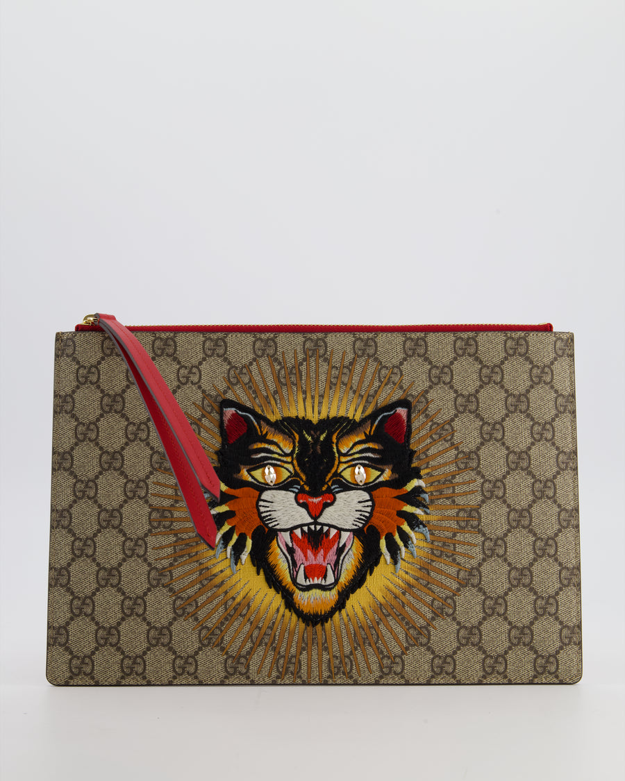 Gucci Black & Beige GG Supreme Canvas and Leather Angry Cat Embroidered Pouch