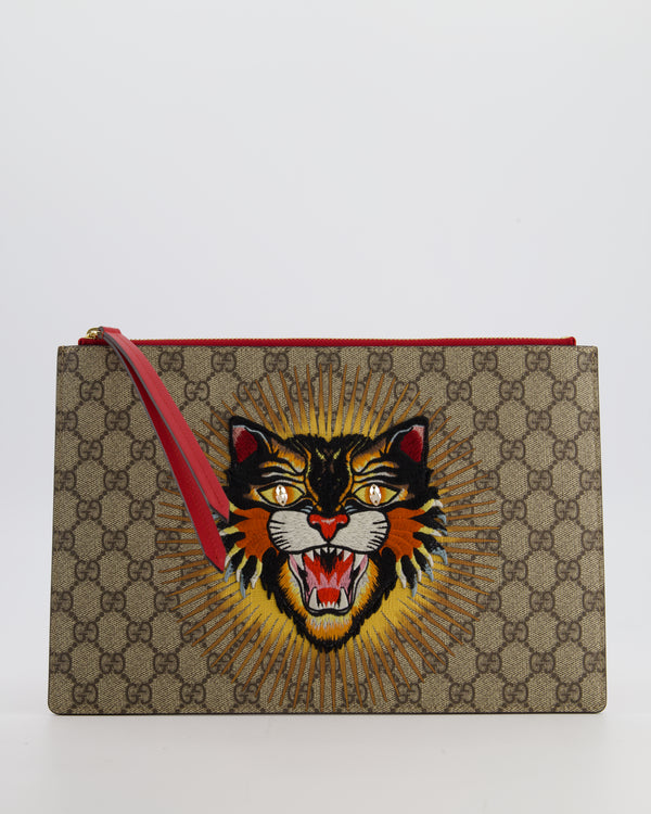 Gucci Black & Beige GG Supreme Canvas and Leather Angry Cat Embroidered Pouch