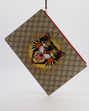 Gucci Black & Beige GG Supreme Canvas and Leather Angry Cat Embroidered Pouch