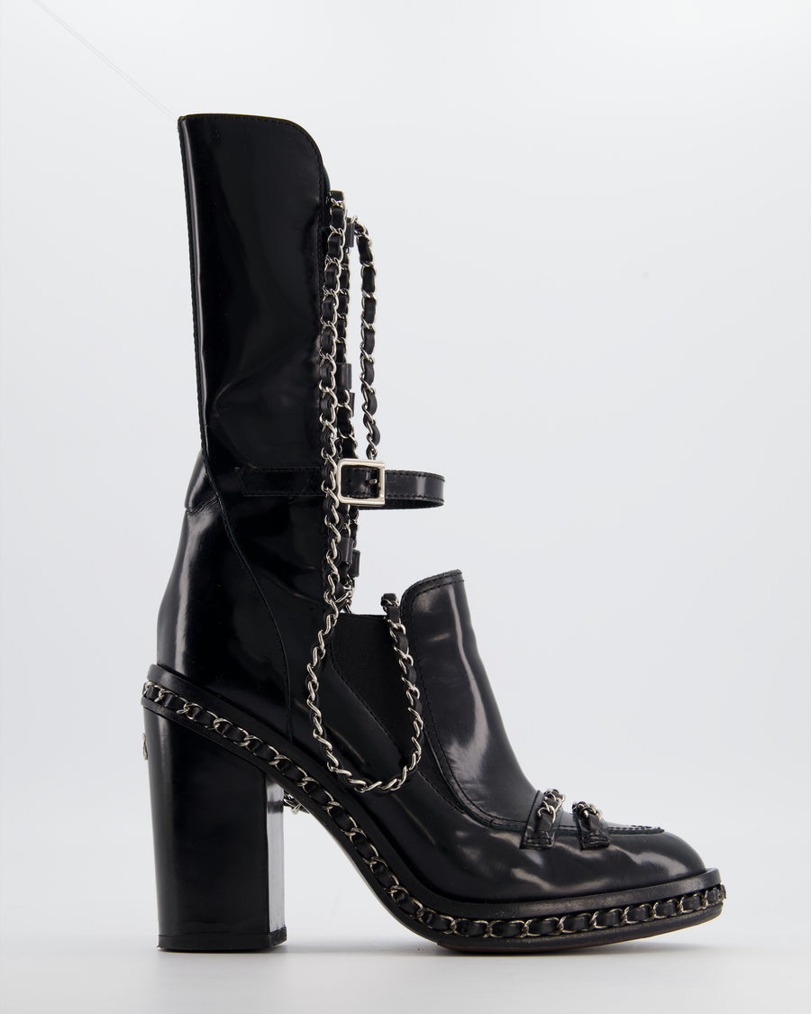 Chanel Chain Obsession Black Patent Leather Boots Size EU 38.5
