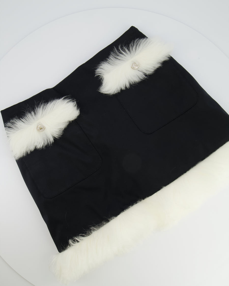 Chanel Black Coco Neige Black Mini Skirt with White Shearling Trim Details and Crystal CC Logo Buttons Size FR 36 (UK 8)
