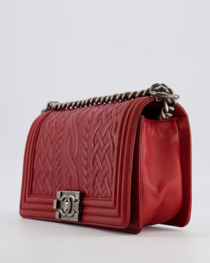 Chanel Limited Edition Red Medium Paris-Edinburgh Celtic Boy Bag with Embossed Leather and Ruthenium Hardware