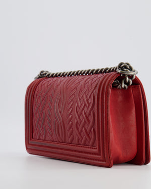 Chanel Limited Edition Red Medium Paris-Edinburgh Celtic Boy Bag with Embossed Leather and Ruthenium Hardware