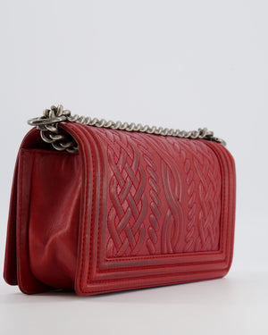 Chanel Limited Edition Red Medium Paris-Edinburgh Celtic Boy Bag with Embossed Leather and Ruthenium Hardware