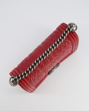 Chanel Limited Edition Red Medium Paris-Edinburgh Celtic Boy Bag with Embossed Leather and Ruthenium Hardware