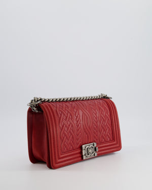 Chanel Limited Edition Red Medium Paris-Edinburgh Celtic Boy Bag with Embossed Leather and Ruthenium Hardware