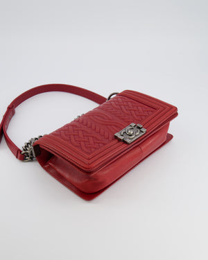 Chanel Limited Edition Red Medium Paris-Edinburgh Celtic Boy Bag with Embossed Leather and Ruthenium Hardware