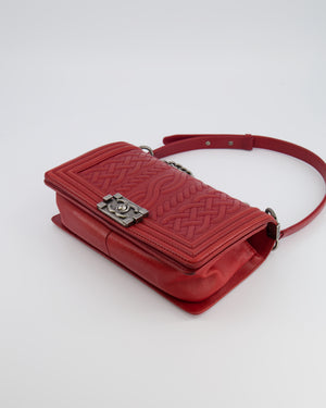 Chanel Limited Edition Red Medium Paris-Edinburgh Celtic Boy Bag with Embossed Leather and Ruthenium Hardware