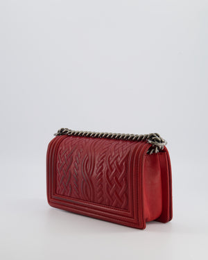 Chanel Limited Edition Red Medium Paris-Edinburgh Celtic Boy Bag with Embossed Leather and Ruthenium Hardware