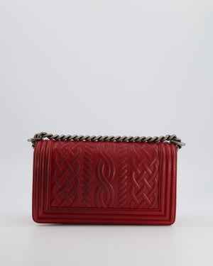 Chanel Limited Edition Red Medium Paris-Edinburgh Celtic Boy Bag with Embossed Leather and Ruthenium Hardware