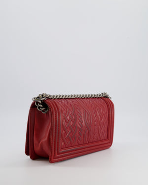 Chanel Limited Edition Red Medium Paris-Edinburgh Celtic Boy Bag with Embossed Leather and Ruthenium Hardware