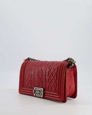 Chanel Limited Edition Red Medium Paris-Edinburgh Celtic Boy Bag with Embossed Leather and Ruthenium Hardware