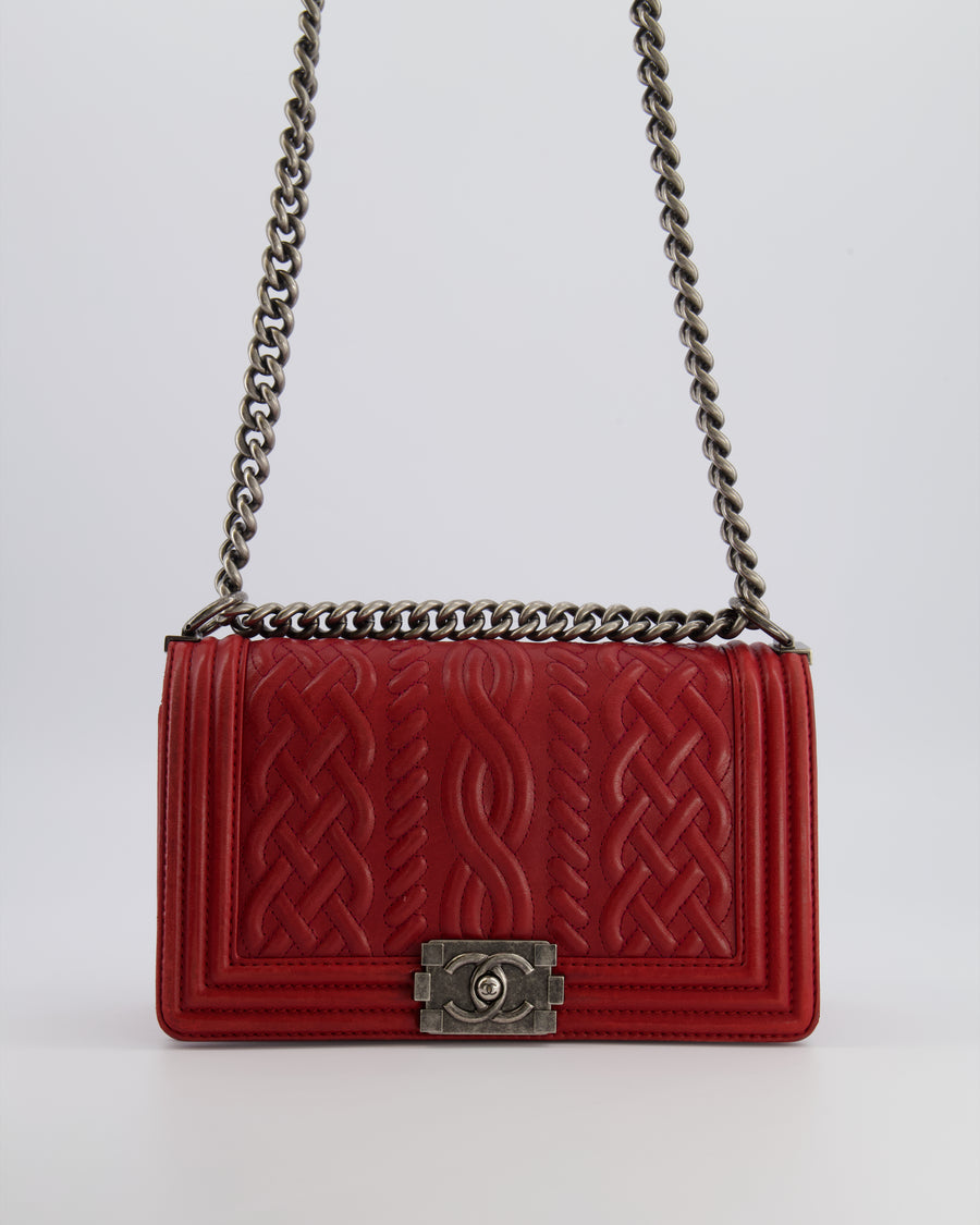 Chanel Limited Edition Red Medium Paris-Edinburgh Celtic Boy Bag with Embossed Leather and Ruthenium Hardware