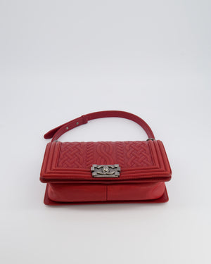 Chanel Limited Edition Red Medium Paris-Edinburgh Celtic Boy Bag with Embossed Leather and Ruthenium Hardware