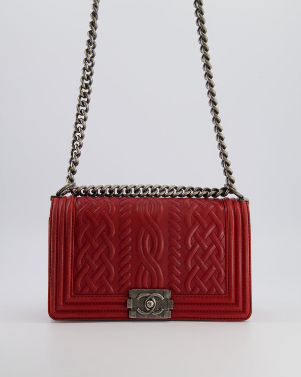 Chanel Limited Edition Red Medium Paris-Edinburgh Celtic Boy Bag with Embossed Leather and Ruthenium Hardware