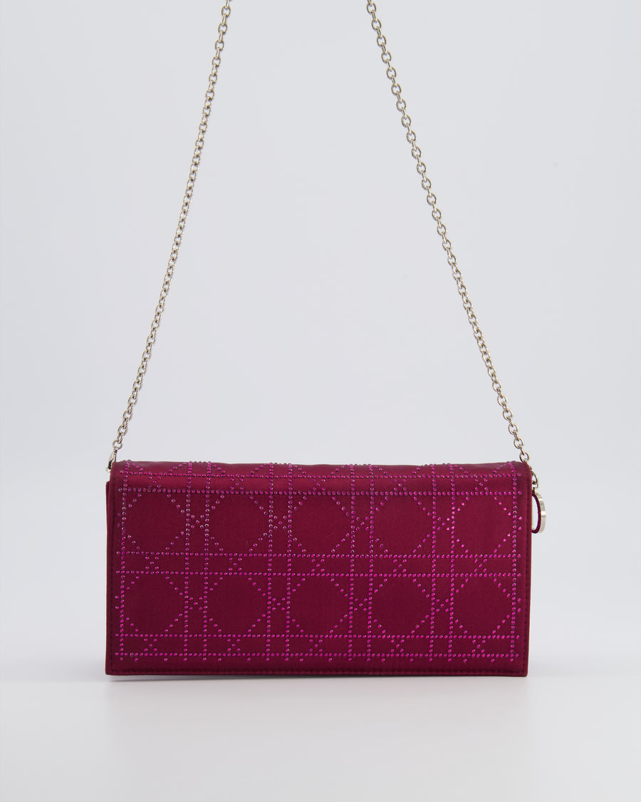 Christian Dior Burgundy Satin Crystal Embellished Cannage Chain Clutch Bag with Silver Hardware
