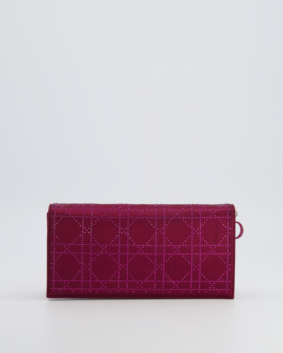 Christian Dior Burgundy Satin Crystal Embellished Cannage Chain Clutch Bag with Silver Hardware