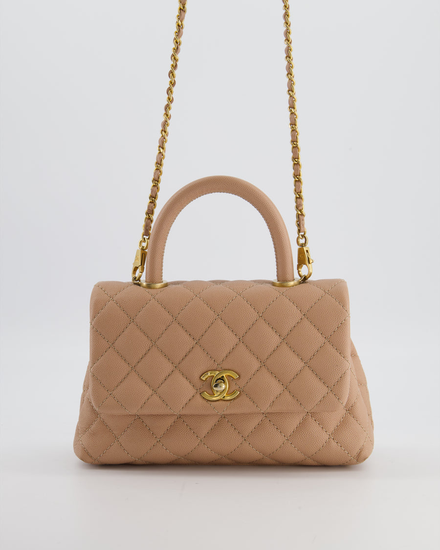 Chanel Beige Caviar Quilted Coco Top Handle with Gold Hardware