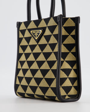 Prada Symbole Patterned Jacquard Mini Tote Bag In Black and Beige with Gold Hardware