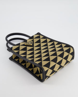 Prada Symbole Patterned Jacquard Mini Tote Bag In Black and Beige with Gold Hardware