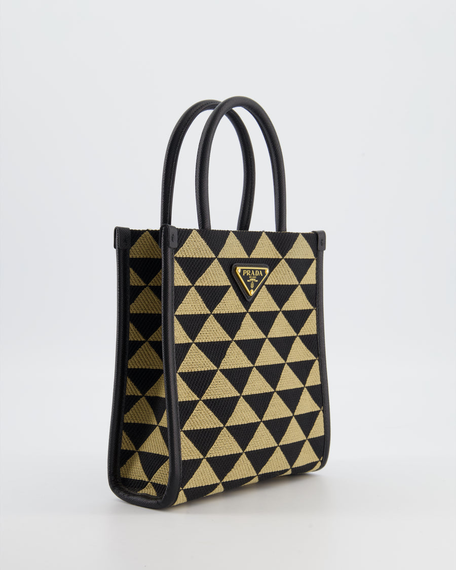 Prada Symbole Patterned Jacquard Mini Tote Bag In Black and Beige with Gold Hardware
