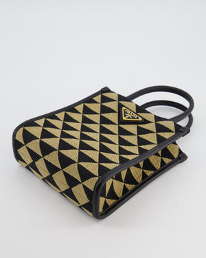 Prada Symbole Patterned Jacquard Mini Tote Bag In Black and Beige with Gold Hardware