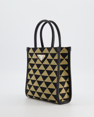 Prada Symbole Patterned Jacquard Mini Tote Bag In Black and Beige with Gold Hardware