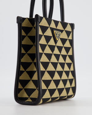 Prada Symbole Patterned Jacquard Mini Tote Bag In Black and Beige with Gold Hardware