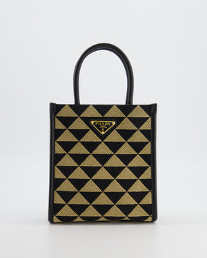 Prada Symbole Patterned Jacquard Mini Tote Bag In Black and Beige with Gold Hardware