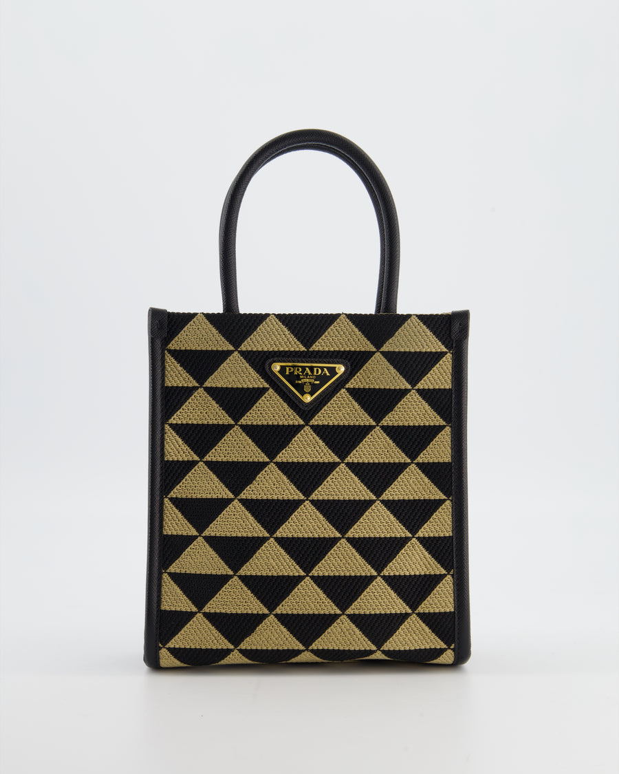 Prada Symbole Patterned Jacquard Mini Tote Bag In Black and Beige with Gold Hardware