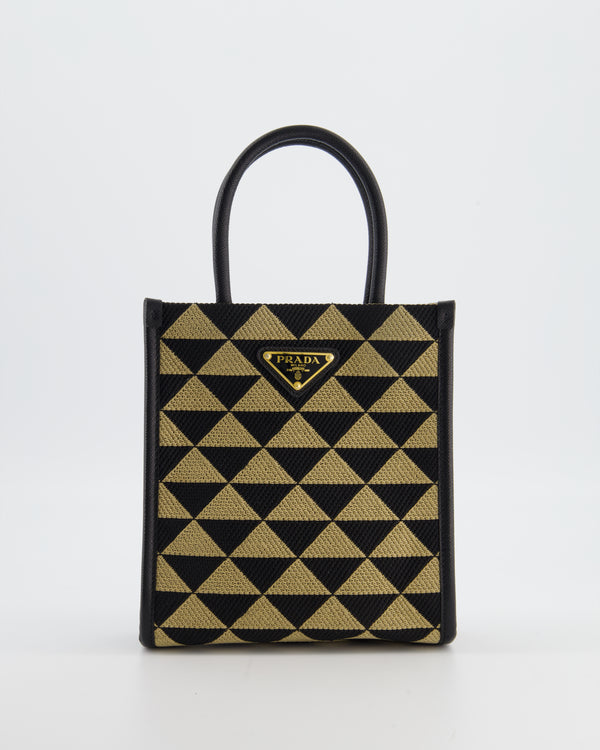 Prada Symbole Patterned Jacquard Mini Tote Bag In Black and Beige with Gold Hardware