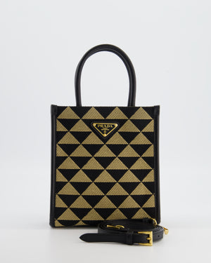 Prada Symbole Patterned Jacquard Mini Tote Bag In Black and Beige with Gold Hardware