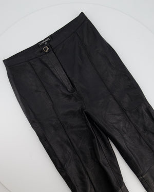 Chanel Black Skinny Pleated Leather Trousers with CC Weaved Button Detail Size UK 4-6