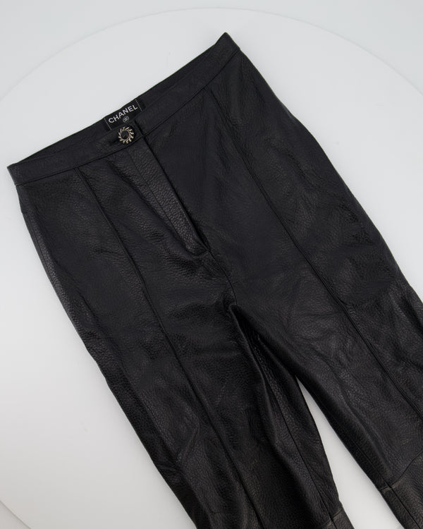 Chanel Black Skinny Pleated Leather Trousers with CC Weaved Button Detail Size UK 4-6