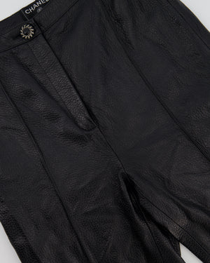 Chanel Black Skinny Pleated Leather Trousers with CC Weaved Button Detail Size UK 4-6