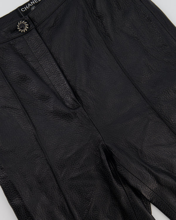 Chanel Black Skinny Pleated Leather Trousers with CC Weaved Button Detail Size UK 4-6