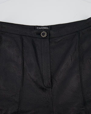 Chanel Black Skinny Pleated Leather Trousers with CC Weaved Button Detail Size UK 4-6