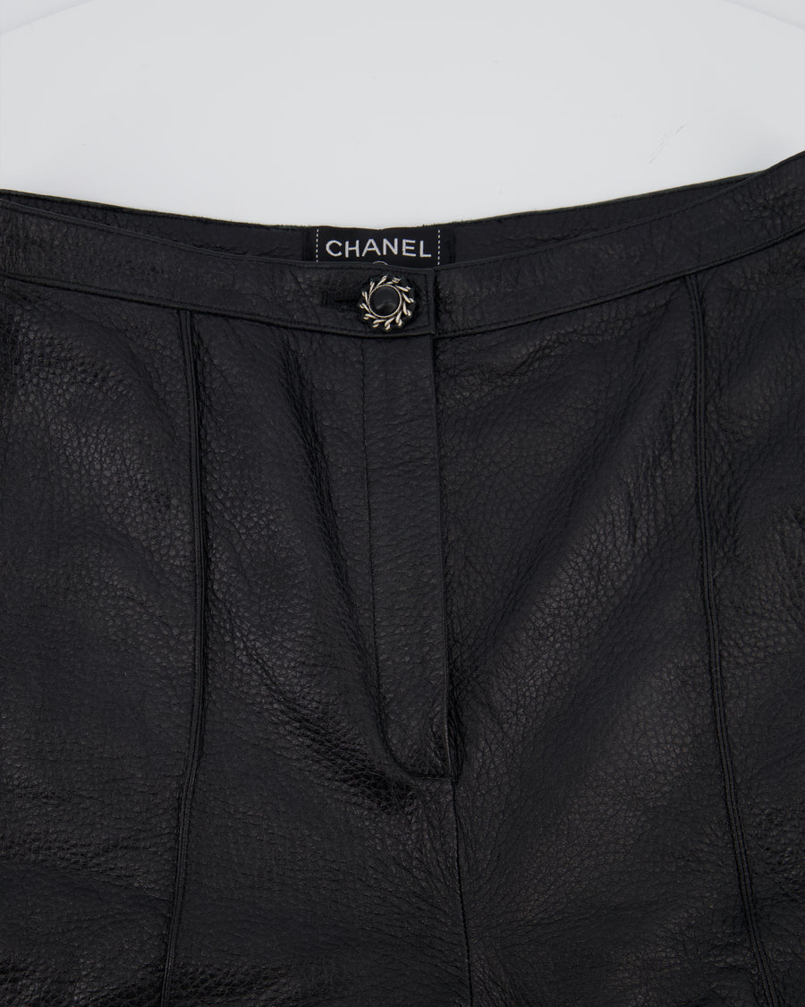 Chanel Black Skinny Pleated Leather Trousers with CC Weaved Button Detail Size UK 4-6