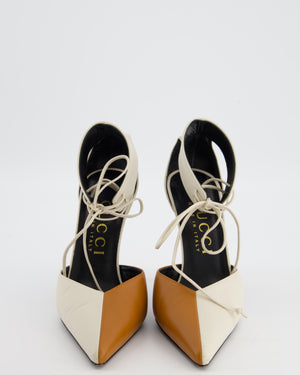 Gucci White and Brown Priscilla Charlotte Ankle Cuff Heel in Nappa Leather with Gold Heel Size EU 39.5