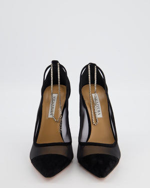 Aquazzura Black Secret Affair 105 Mesh and Suede Pump with Crystal Embellished Strap Size EU 40.5
