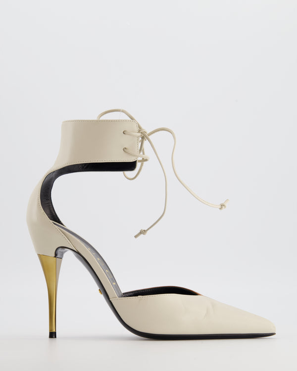 Gucci White and Brown Priscilla Charlotte Ankle Cuff Heel in Nappa Leather with Gold Heel Size EU 39.5