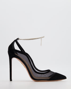 Aquazzura Black Secret Affair 105 Mesh and Suede Pump with Crystal Embellished Strap Size EU 40.5