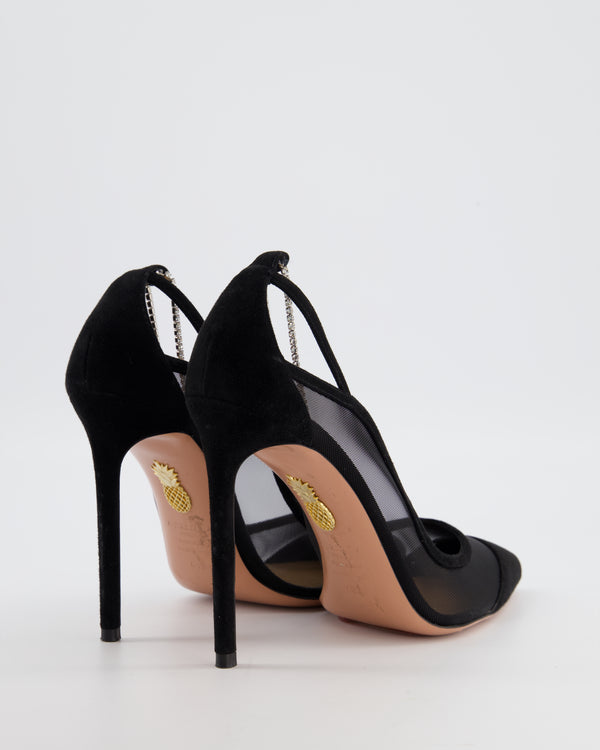 Aquazzura Black Secret Affair 105 Mesh and Suede Pump with Crystal Embellished Strap Size EU 40.5