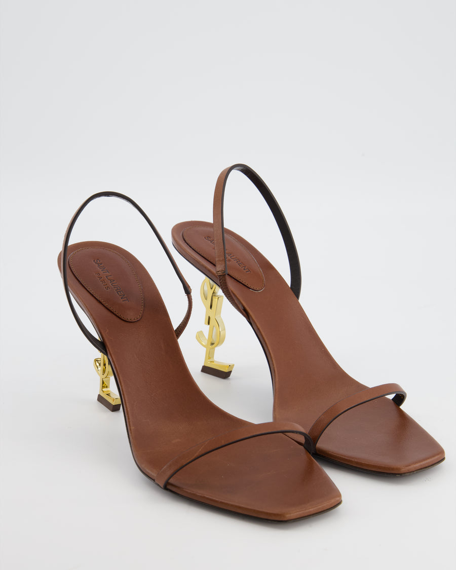 Saint Laurent Brown Opyum Slingback Sandal Heels in Calf Leather with Gold YSL Logo Heel Size EU 41