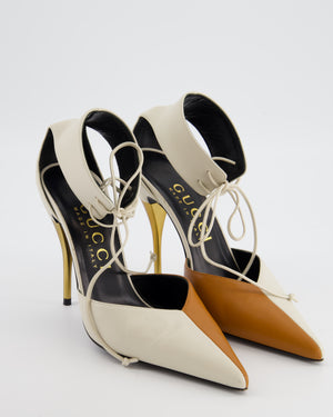 Gucci White and Brown Priscilla Charlotte Ankle Cuff Heel in Nappa Leather with Gold Heel Size EU 39.5