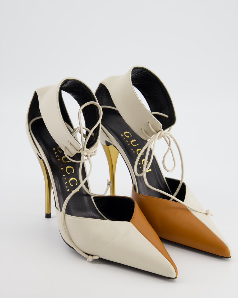 Gucci White and Brown Priscilla Charlotte Ankle Cuff Heel in Nappa Leather with Gold Heel Size EU 39.5